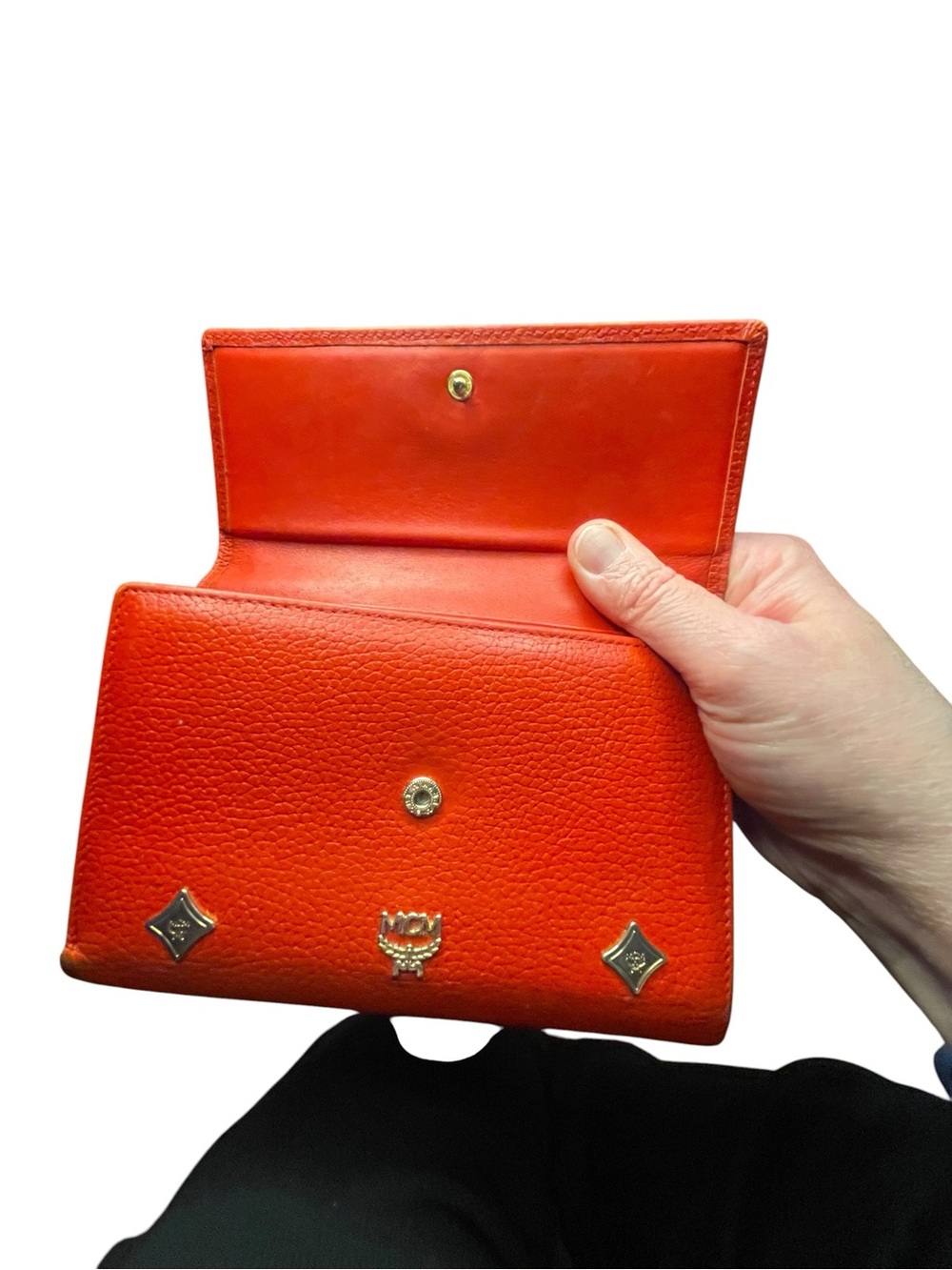 Authentic Vintage MCM Red Pebbled Leather Studded Trifold Wallet – Gold Hardware - Picture 3 of 9